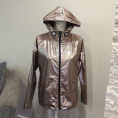 Nwot Blfd Metallic Gold Hooded Zippered Jacket Oversized Xs Two Front Pockets Cinchable Waistband Pit To Pit Is 22" Length Is 25.5" Luxury Women's Windbreaker With Double-lined Hood, Metallic Long Sleeve Outerwear With Zipper, Glamorous Fitted Metallic Outerwear, Metallic Shiny Fitted Outerwear, Metallic Hooded Winter Outerwear, Metallic Gold, Gold Black, Gold Metal, Jackets & Coats