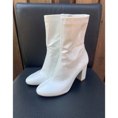 Kenneth Cole New York White Boots/Heels, Size 9.5m. Heel Height Is 3.5 Inches, Brand New And Never Been Worn, In Excellent Condition! White Fitted Mid-calf Boots With Round Toe, Fitted Synthetic Boots With Block Heel, White Fitted Mid-calf High Ankle Boots, Fitted Synthetic Heeled Boots With Block Heel, White High Heel Mid-calf Boots Medium Width, Spring Fitted Booties With Block Heel, Spring Fitted Almond Toe Booties, Fitted White Mid-calf Boots With Reinforced Heel, Fitted White Synthetic Heeled Boots