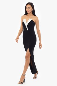 "Violette" Long Strapless V Neck Tuxedo Dress All White Party Dresses, Black And White Formal, Missy Dresses, Neutral Dresses, Bachelorette Party Dress, Shimmery Dress, Military Ball Dresses, Rehearsal Dinner Dresses, Crepe Material