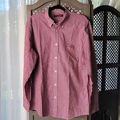 Ben Sherman Size Large Long-Sleeved Button-Up Perfect Condition Never Worn Red/Burgundy And White Color 23" Pit To Pit Gingham Shirt With Button Closure For Fall, Fall Gingham Shirt With Buttons, Long Sleeve Gingham Shirt With Button Closure, Long Sleeve Gingham Shirt With Buttons, Gingham Long Sleeve Work Shirt, Gingham Long Sleeve Shirt For Workwear, Gingham Long Sleeve Workwear Shirt, Gingham Long Sleeve Shirt For Work, Long Sleeve Gingham Shirt For Work