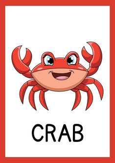 a crab with the word crab on it's face in front of a red frame