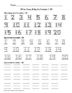 the worksheet for numbers 1 - 20 is shown in black and white, which includes