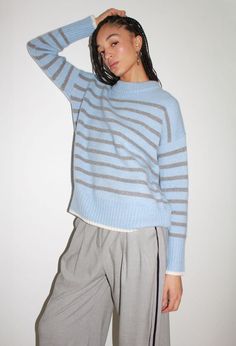 Accept this light blue, seven-ply wool-cashmere sweater with a grey stripe. Style and comfort are not mutually exclusive. Blue Cashmere Sweater With Ribbed Cuffs, Winter Striped Cashmere Sweater, Striped Cashmere Winter Sweater, Striped Cashmere Sweater For Winter, Fine Knit Light Blue Fall Sweater, Classic Light Blue Winter Sweater, Marin Sweater, Sweater Stripe, Sweater Weather