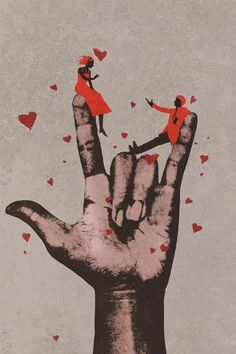 a hand with two people on top of it and hearts flying out of the palm