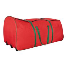 a red duffle bag with green straps on the handles and bottom is shown against a white background