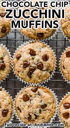 chocolate chip zucchini muffins on a cooling rack with text overlay