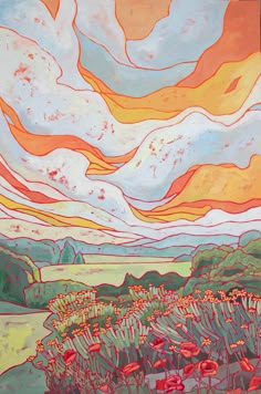 an image of a painting with flowers in the foreground and clouds in the background