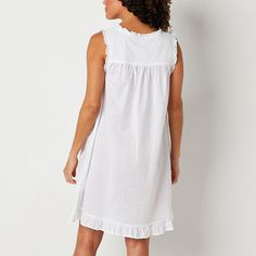 Get cozy and comfortable in this Adonna women's ruffled sleeveless nightgown. Cut in a knee-length from 100% cotton-poplin, this printed nightdress has a scoop neckline and button-front closures.Closure Type: Pullover HeadNeckline: Scoop NeckSleeve Length: SleevelessApparel Length: 38 InchesFiber Content: 100% CottonFabric Description: WovenCare: Tumble Dry, Machine WashCountry of Origin: Imported Sleeveless Lace Trim Sleepwear For Sleepover, White Sleeveless Nightgown For Pajama Party, Sleeveless Ruffled Dress For Loungewear, Sleeveless Ruffled Dress For Sleepover, Comfortable Summer Nightgown For Overnight, Spring Sleeveless Nightgown For Overnight, Comfortable Sleeveless Sleepwear For Sleepovers, White Sleeveless Dress For Pajama Party, Comfortable Sleeveless Sleepwear For Daywear