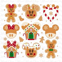 mickey and minnie mouse christmas cutouts with gingerbreads, candy canes, snowflakes