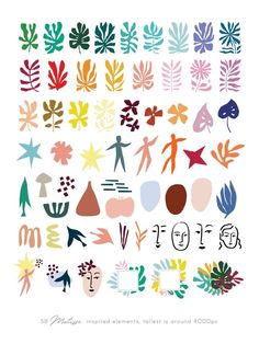 an illustrated poster with different shapes and colors on the bottom half of it, including leaves