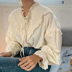 Clothing Vintage Casual Lace Blouse for Women Dark Academia - Etsy Korean Blouses, 00s Mode, Elegant Tops, Korean Fashion Casual, Elegant Blouses, Blouse Material, Loose Blouse