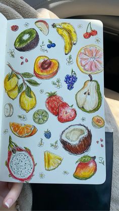 a person holding up a notebook with fruit drawings on it