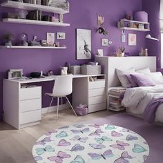 a bedroom with purple walls and white furniture