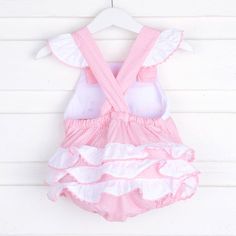 Adorable light pink gingham ruffle bubble! Features birthday girl smock plate and ric rac trim. Perfect for a birthday!