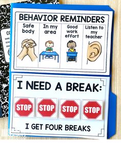 the behavior reminders for students to use on their books are shown in blue folders