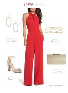 Dressy Jumpsuit Wedding Formal, Red Wedding Jumpsuit, Red Romper Outfit Classy, Jumpsuit Styling Ideas For Party, Dressy Pant Outfits For Women, Red Jumpsuit Outfit Night, Red Jumpsuit Outfit Wedding, Red Jumpsuit Outfit Classy, Red Wedding Guest Outfit