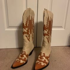 These Comfortable Brand New Size 11 Pointed Cowboy Boots- Well Cowgirl Boots- Have Never Been Worn Before. Box Is Available As Well. Cream Boots For Western-themed Spring Events, Cream Boots For Spring Western-themed Events, Fall Rodeo Brown Mid-calf Boots, Cream Snip Toe Boots For Fall, Beige Wide Calf Snip Toe Boots, Brown Boots For Ranch In Spring, Cream Western Boots For Fall, Fall Beige Snip Toe Heeled Boots, Beige Boots With Medium Width And Snip Toe