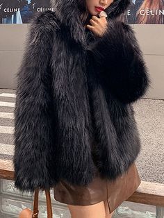 Black Fur Coat With Faux Fur Trim For Winter, Black Faux Fur Coat For Winter, Black Faux Fur Coat For Cold Weather, Warm Faux Fur Coat For Fall, Black Fluffy Hooded Outerwear, Black Fluffy Faux Fur Outerwear, Black Faux Fur Coat For Fall, Black Fluffy Fur Coat For Cold Weather, Fluffy Black Fur Coat For Cold Weather