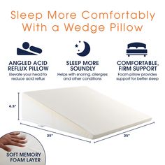 the sleep more comfortably with a wedge pillow is shown in three different sizes and colors