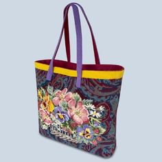 "Tapestry Needlepoint Kit, Paisley Floral Tote Bag. Perfect for finishing as a shoulder bag. A wonderful useable project with a paisley background design and floral basket design, reminiscent of the delicate beauty of an English country garden, perfect for stitchers looking for a unique alternative to cushions and pictures !  A beautiful unique tapestry tote bag stitched on both sides, with a base gusset and handles. The paisley areas and handles are stitched in simple tent stitch with instructi Unique Tapestry, Tapestry Needlepoint, Paisley Background, Elizabeth Bradley, Tent Stitch, Star Tapestry, English Country Garden, Floral Tote Bag, Tapestry Kits