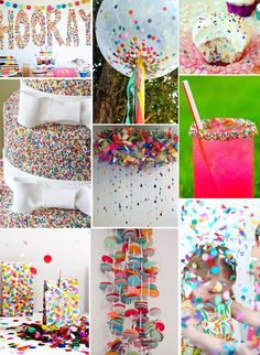 a collage of photos with confetti, balloons, and birthday cakes