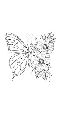 a black and white drawing of a butterfly with flowers