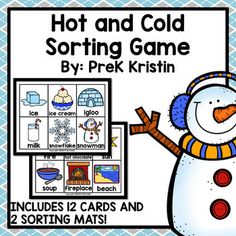 a snowman themed hot and cold sorting game by prek kristi with two matching cards