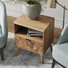 a small wooden table with a plant on top