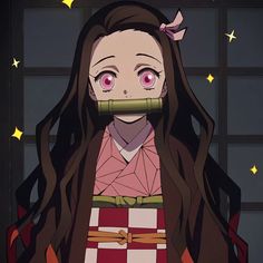 an anime character with long brown hair and pink eyes, holding a piece of paper in her mouth