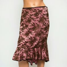 This Is A Lovely Pink Skirt With A Brown Lace Overlay By Ingwa Melero! It Has A High-Low Design, Is Trimmed In Brown Charmeuse Silk, And Is High Quality And Beautiful, Pairing Nicely With A Brown Silk Blouse Or Cami. I Am Listing It As New With Defects As There Is A Bit Of Dirt On The Inside Of The Skirt From Handling In-Store, So It Does Need Cleaned. It Was Sold To Me As A Showroom Sample, So It Does Not Have A Size Tag Sewn In, But Was Sold To Me As A Small. Overlay Skirt, Brown Skirts, Sewing Tags, Brown Silk, Pink Skirt, Lace Overlay, Silk Blouse, High & Low, Womens Skirt