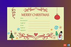 a christmas gift certificate with a snowman and tree on it's front cover