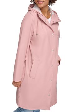 Durable and versatile, this hooded rain jacket features a drawstring hood, covered zipper placket and welt pockets to keep your hands warm and dry. 38 1/2" length Drawstring hood Water-resistant 100% polyurethane Machine wash, tumble dry Imported Winter Raincoat With Double-lined Hood, Pink Hooded Raincoat For Winter, Pink Hooded Winter Raincoat, Hooded Raincoat With Double-lined Hood, Spring Hooded Raincoat With Double-lined Hood, Rains Long Jacket, Zipper Placket, Coat With Hood, Hooded Rain Jacket