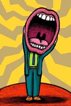 a drawing of a man with his mouth open and tongue out in front of him