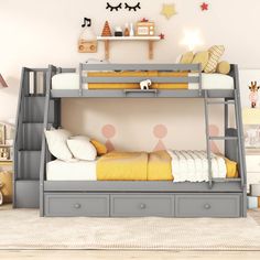 a child's bedroom with bunk beds and toys