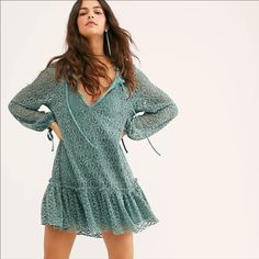 New With Tag Free People Jenny Mini Dress Sweet Mini Dress Featured In A Crushed Velvet Lace Fabrication With Tie-Closure Keyhole Neckline And Dramatic Long Sleeves Designed With Ruffle Trimmed Bottom In A Shapeless Silhouette. Flowy V-neck Lace Dress For Spring, Casual Summer Lace Dress For Brunch, Casual Lace Dress For Summer Brunch, Casual Lace Dress For Spring Brunch, Long Sleeve Lace Dress For Summer Date Night, Flirty V-neck Lace Summer Dress, Casual Lace Mini Dress With Ruffle Hem, Spring Beach Lace Dress With Ruffles, Casual Mini Lace Dress For Brunch