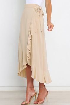 Apricot Ruffled Wrap Lace-up High Waist Maxi Skirt Spring Beige Ruffled Maxi Skirt, Beige Ruffled Maxi Skirt For Spring, Flowy Beige Skirt With Ruffle Hem, Beige Ruffled Midi Skirt, Beige Ruffled Maxi Skirt, Chic Beige Skirt With Ruffle Hem, Flowy Beige Maxi Skirt With Ruffles, Flowy Maxi Skirt With Ruffles In Beige, Beige Flowy Skirt With Ruffle Hem