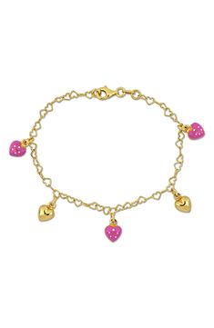 Alternating enamel heart charms dangle from a delicate chain bracelet fashioned from heart-shaped links for a sweet statement look. Lobster clasp Sterling silver/18-karat yellow gold/enamel Made in Italy Pink Heart-shaped Jewelry With Dangling Charms, Dainty Pink Jewelry With Dangling Charms, Heart-shaped Charm Bracelet With Dangling Charms For Valentine's Day, Pink Heart-shaped Dangling Charms, Pink Enamel Dangle Jewelry, Pink Charm Bracelet For Valentine's Day With Lobster Clasp, Dainty Pink Heart Charm Bracelet, Pink Charm Bracelet, Pink Charm