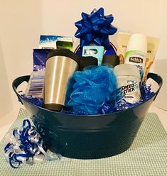 Especially for Men Spa and Shaving Gift Basket: New: 12 Items Plus Blue Reusable Basket  Following Items included in basket:  *Kleenex *Speed Stick Cool Deodorant 1.8 Oz *Axe Alaska Fragrance Body Wash 250 Ml *Axe Marine 48H Fresh Deodorant 150 Ml *Schick Hydro Shaving Gel 8.4 Oz *Schick Hydro 5 Power Select Battery Operated Power Razor with 2 Replacement Cartridges *Imperial Energy Blend Nuts *Mountain Trail Mix *Premium Cookies 4 Oz.  *16 Oz. Stainless Steel Cup *Large Shower Blue Bath Pouf/Lo Diy Bath Gifts, Premium Cookies, Relaxation Gift Basket, Men Spa, Spa Relaxation, Raffle Basket, Shaving Gel, Spa Items, Gift Baskets For Men