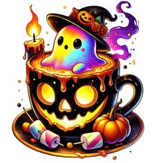 a drawing of a coffee cup with a skull in it and a candle on top