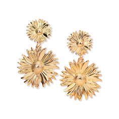 These sun flower big statement fashion earrings features beautiful double golden sun flower, light weight and comfortable to wear everyday. Add these beautiful sun flower stud earrings to your everyday fashion jewelry collection or as gift for your love one. Materials: brassFinish: gold color Jewelry Care: See more information about how to care for your jewelry here. Shipping Policy: Orders will be shipped within 1-3 business days. Economy shipping will take 7-14 days to arrive and standard ship Gold Metal Flower Earrings For Summer, Summer Gold Jewelry With Sunflower Design, Gold Jewelry With Sunflower Design For Summer, Gold Flower Shaped Jewelry For Summer, Gold Flower-shaped Jewelry For Summer, Elegant Gold Flower Earrings With Sunflower Design, Trendy Gold Sun Design Earrings, Elegant Sunflower Earrings, Elegant Sunflower Design Earrings