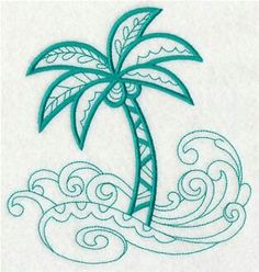 a drawing of a palm tree in the ocean with waves and swirls around it