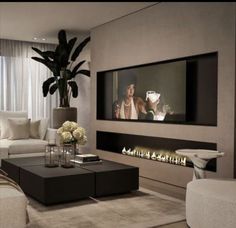 modern living room with fireplace and large screen tv