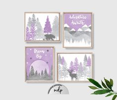 three purple and white wall hangings with the words adventure await, dream big on them