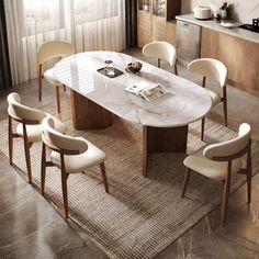 a marble dining table surrounded by white chairs