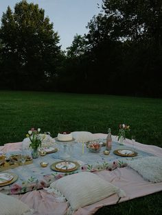 a picnic table set up in the middle of a field with food and drinks on it