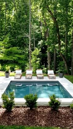 an empty swimming pool surrounded by trees and lawn furniture in the middle of a yard