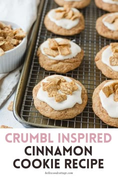 cinnamon cookie cookies with white icing on a cooling rack and text that reads, crumbl inspired cinnamon cookie recipe