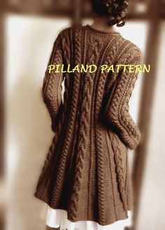 "Merino Wool Sweater Coat knitting pattern. Long cardigan sweater knit pattern. A lined shape, hidden automatic buttons, all-over cable knit THIS IS NOT READY MADE ITEM! It is KNITTING PATTERN! AVAILABLE ONLY in ENGLISH! If you view this listing different language from English please note - this listing has been translated from English by Etsy  and the files with patterns will not be translated CABLED SWEATER COAT SIZE  S / M  (L / XL) To fit Bust approx: 88/90 -96/100- 104/106- 110/114 cm  35\" Sweater Coat Knitting Pattern, Large Cardigan, Cable Sweater, Coat Patterns, Knitted Coat, Long Sweaters Cardigan, Sweater Knitting Patterns, Merino Wool Sweater, Brown Sweater