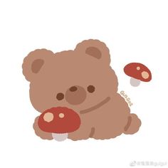 a brown teddy bear sitting next to a mushroom