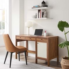 a wooden desk with a laptop on top of it next to a potted plant